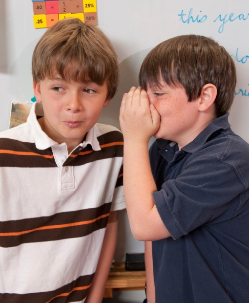 Two boys gossiping at school